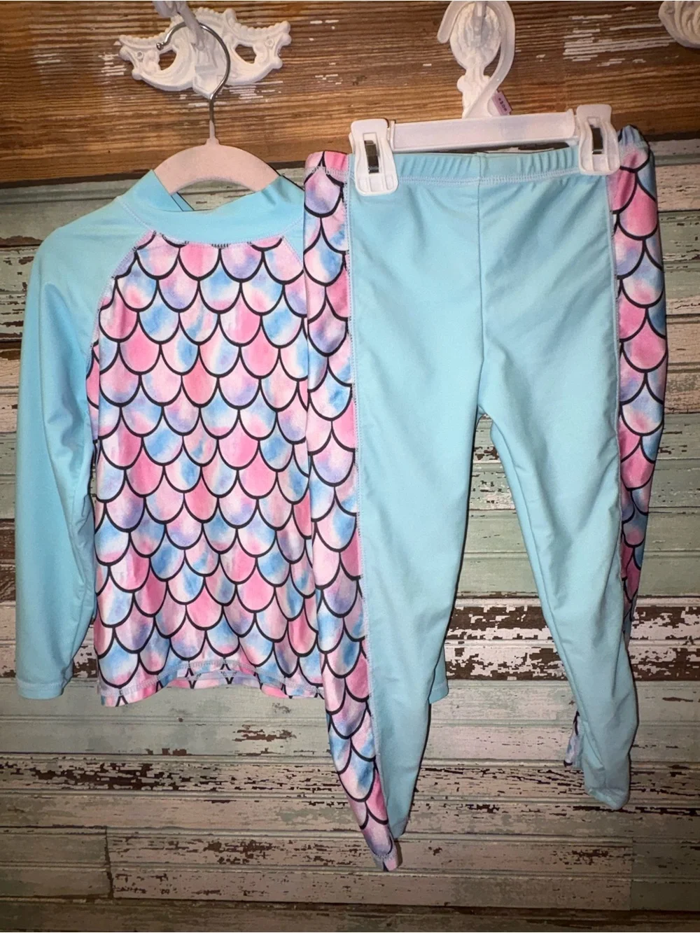 Girls' Mermaid Scale Rashguard Set - Light Blue, Pink & Blue